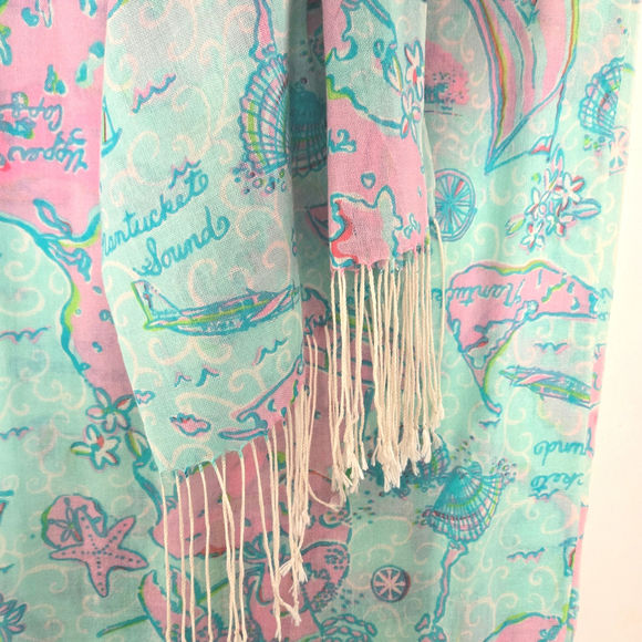 Lilly Pulitzer Retired Murfee‎ 2012 Scarf Turquoise Pink Cape Cod Island Silk - Picture 7 of 11
